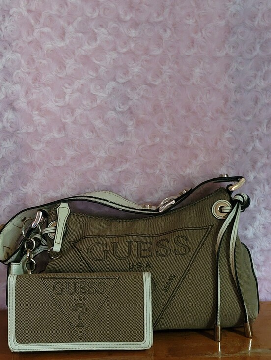 Guess Handbags - GUESS Olive Canvas Shoulder Bag with White Trim and Matching Wallet